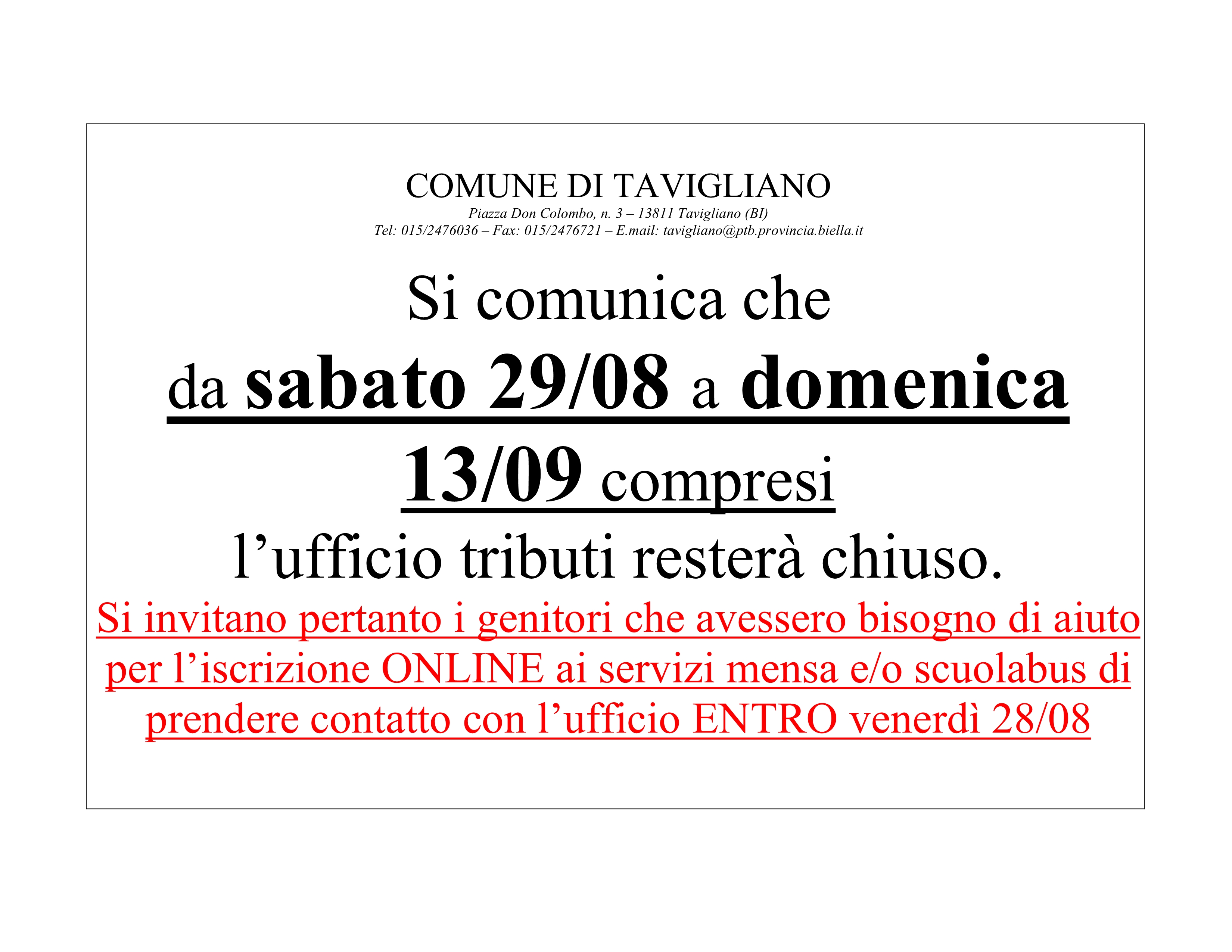 Chiusura ufficio tributi