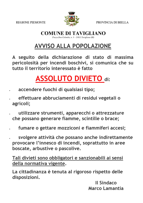 Avviso: stato di massima pericolosità. Pericolo incendi