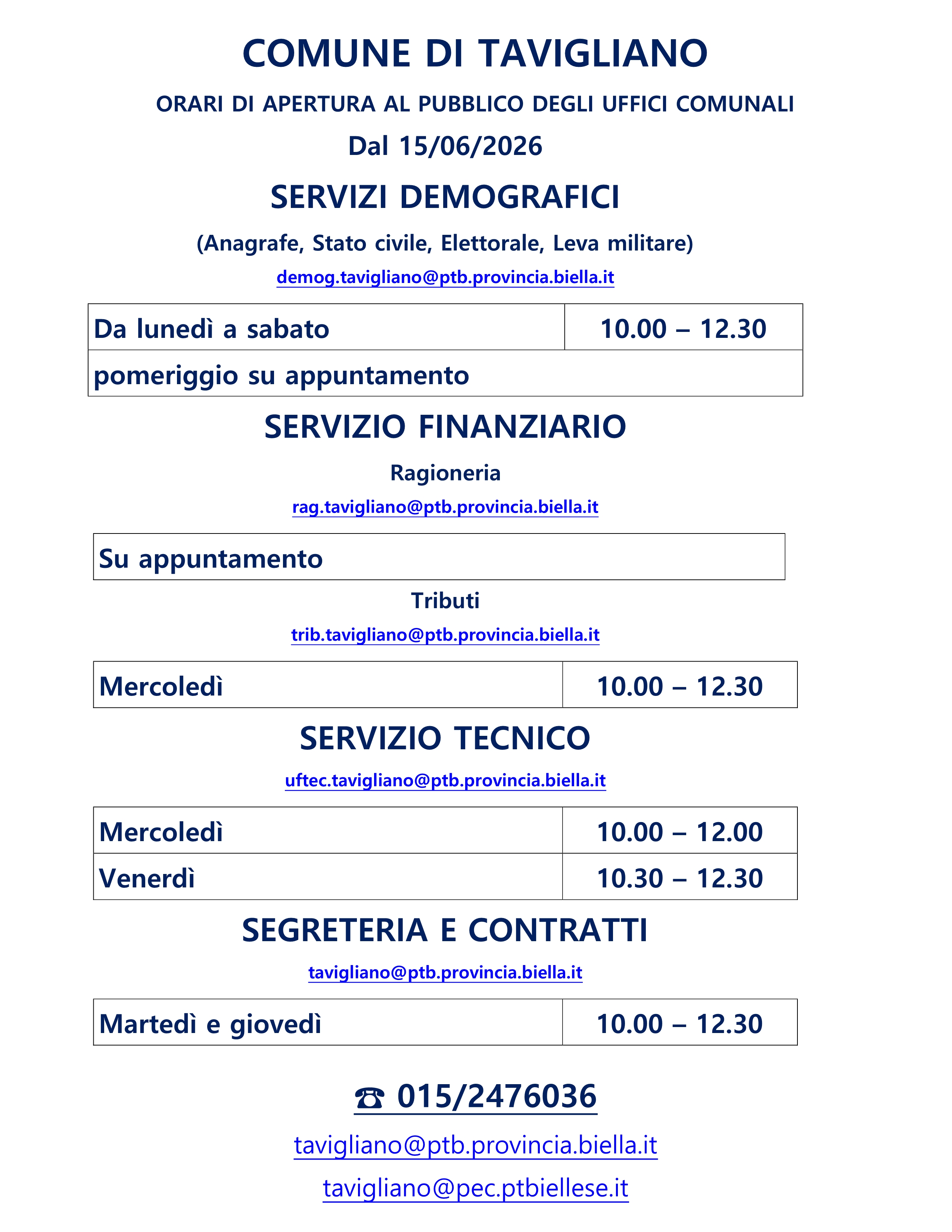 Nuovi orari di apertura uffici Comunali