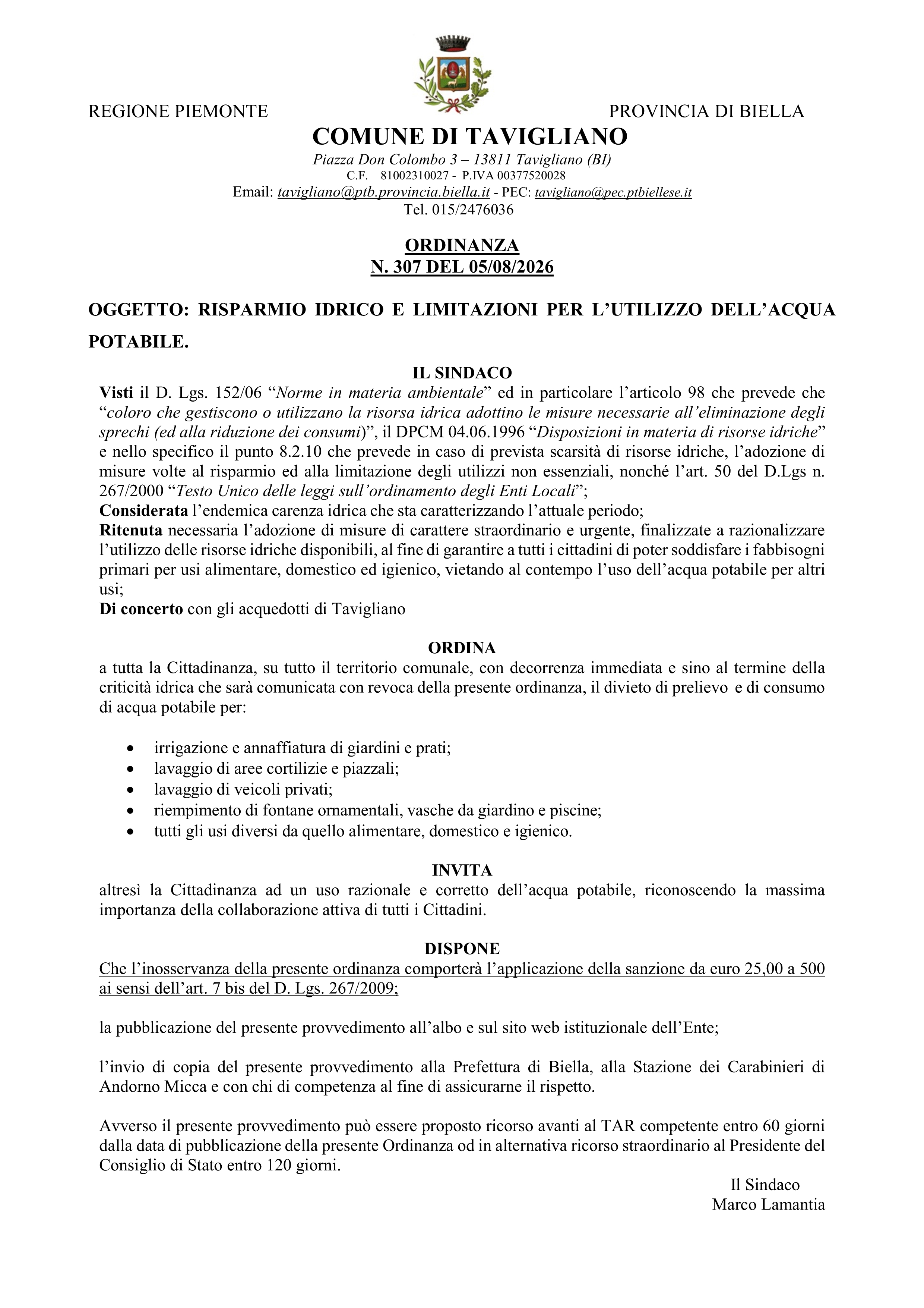 ORDINANZA - Risparmio idrico e limitazioni per l'utilizzo dell'acqua potabile.