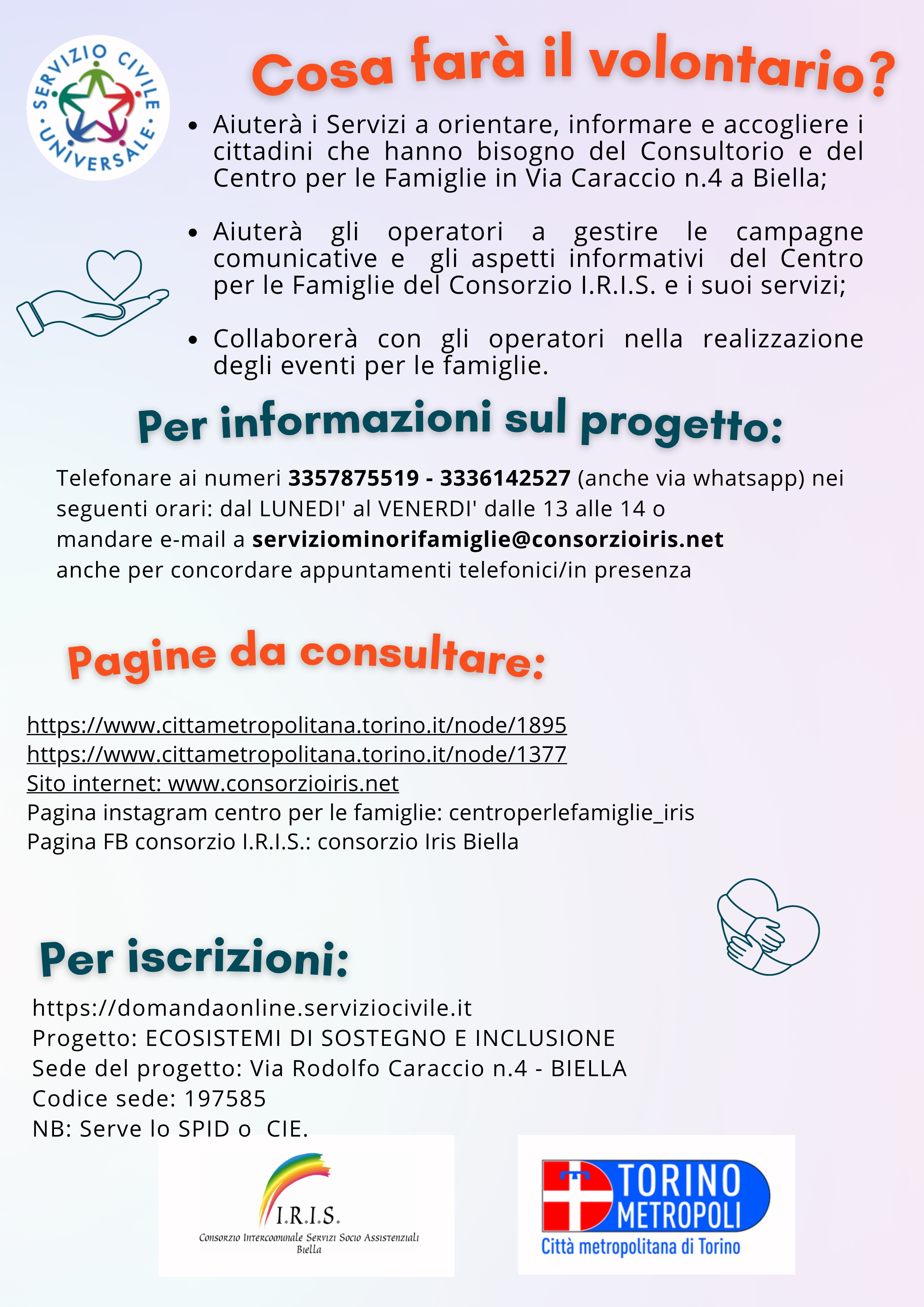 Servizio civile universale: Il Consorzio IRIS cerca 2 volontari per il Centro Famiglie