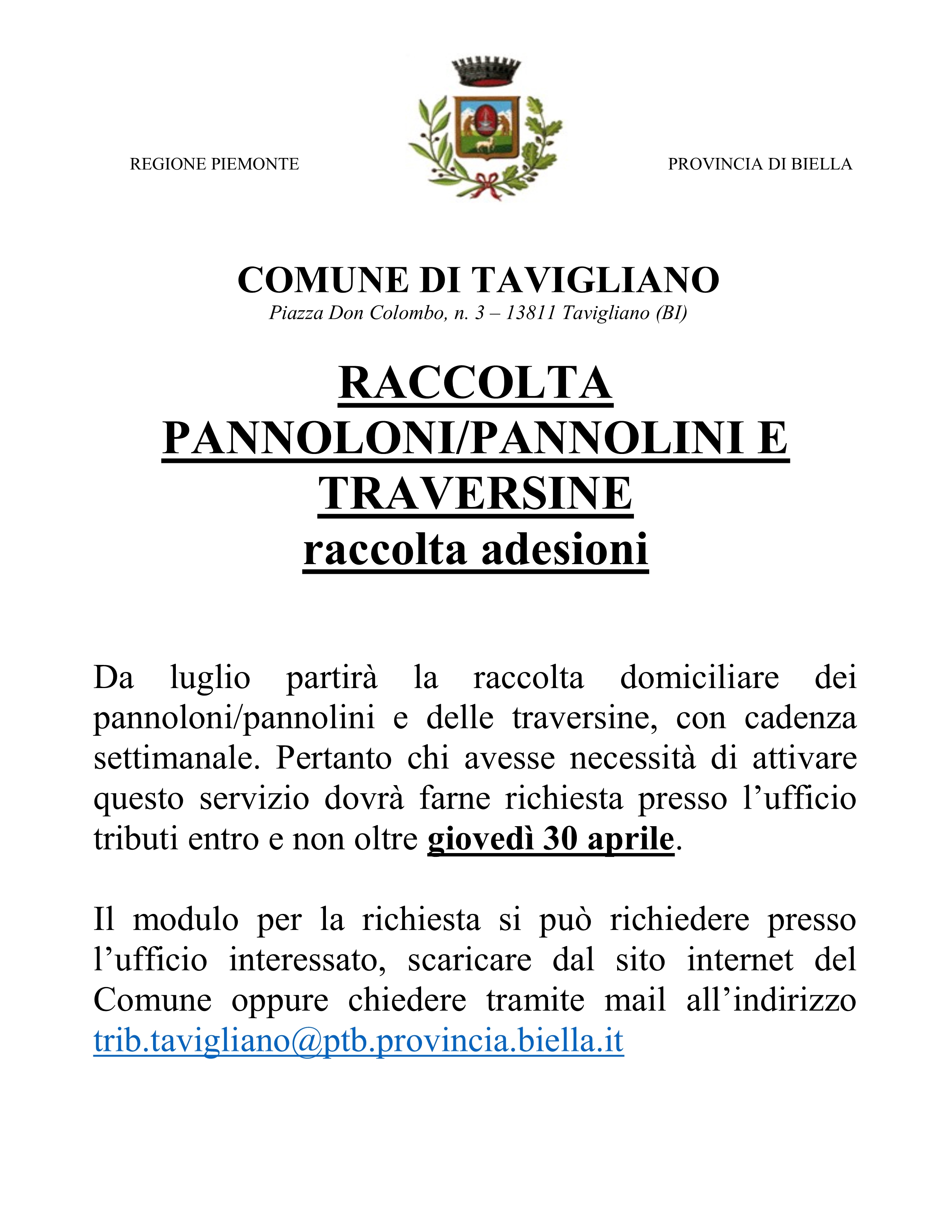 Raccolta pannoloni/pannolini e traversine igieniche - raccolta adesioni