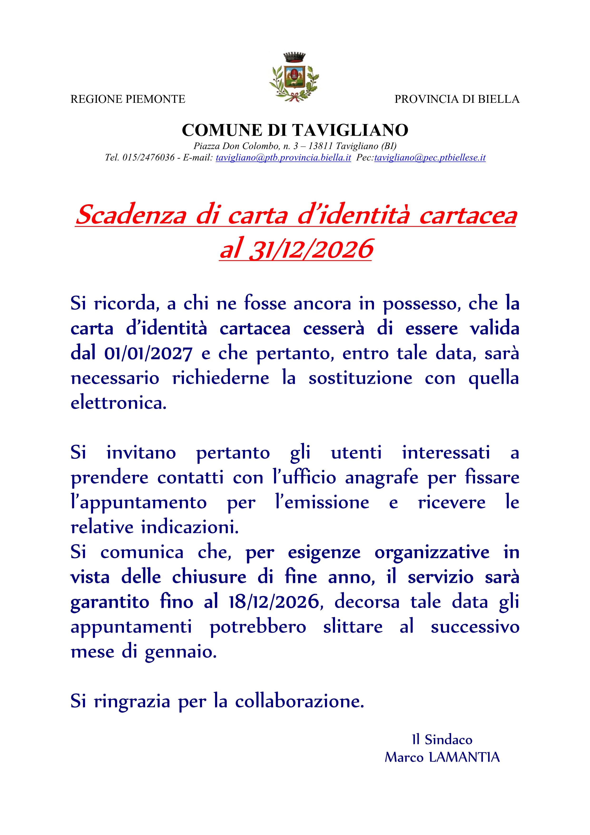 Scadenza di carta didentità cartacea al 31/12/2026