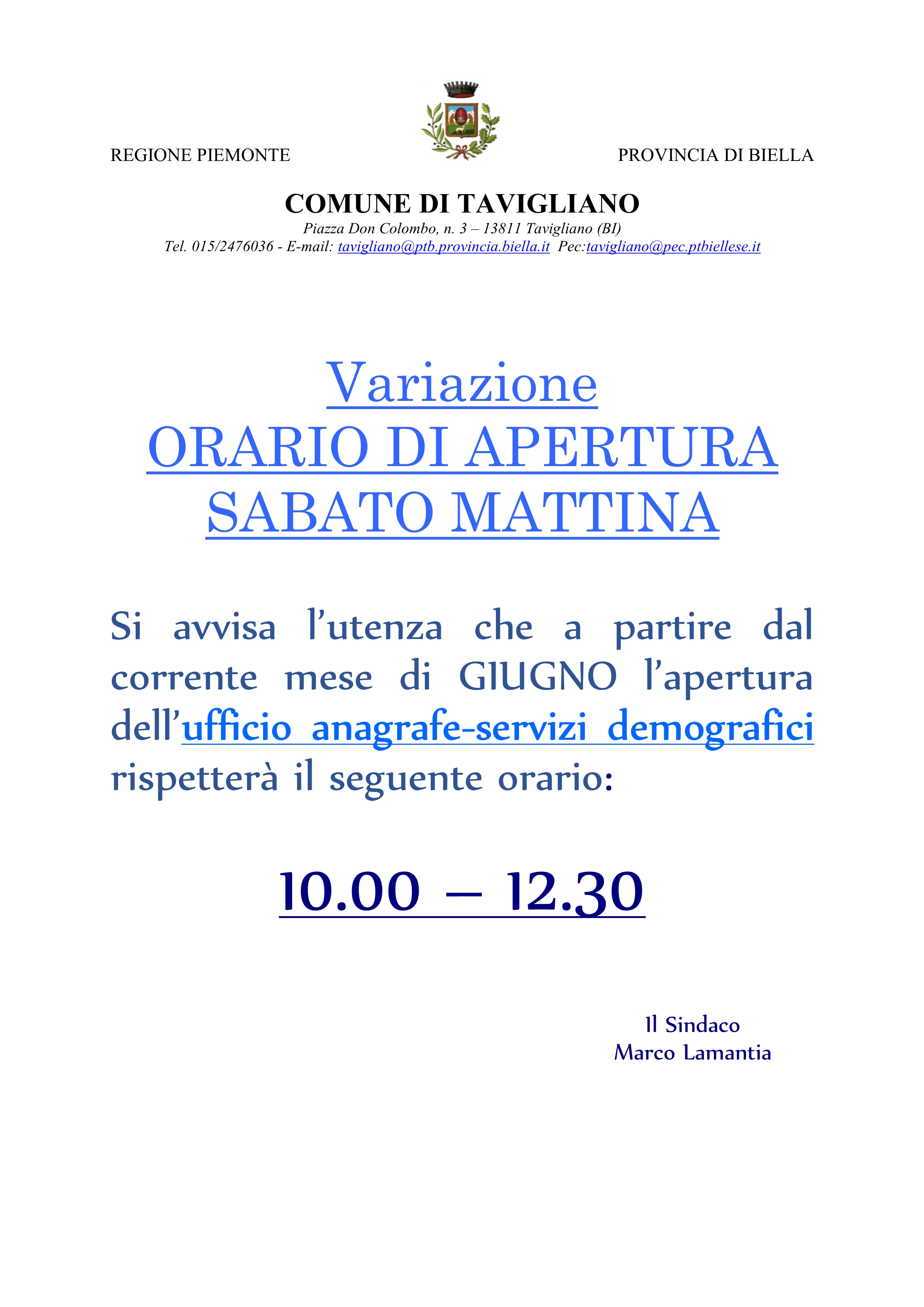 Nuovo orario sportello del sabato
